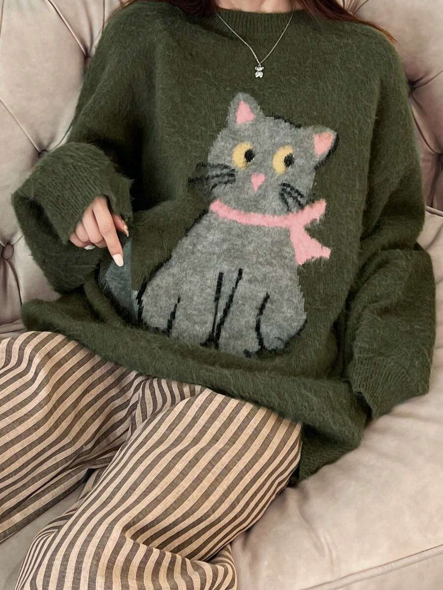 FRIFUL Women's Solid Color Round Neck Drop Shoulder Long Sleeve Cat Crochet Design Loose Casual Versatile Sweater, Autumn/Fall - Green - View 1