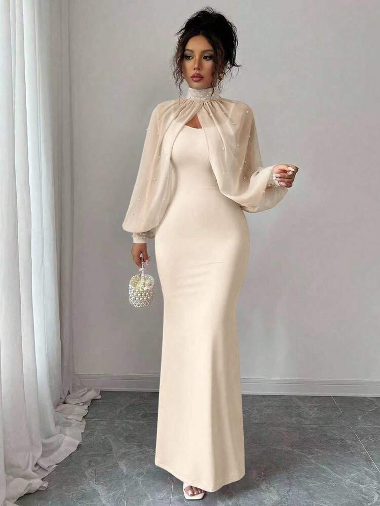 Elenzga New Elegant Mature Charm Evening Gown, Dignified & Gentle, Dreamy Pink, Hand-Beaded Long Sleeve Top, Graceful Mermaid Hem Bodycon Slip Dress Set - Apricot - View 3