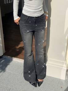 Siren Gaze Quần jean đen nữ, cạp trễ, quần ống loe đính kim cương, quần bó, quần denim co giãn thoải mái, trang phục thường ngày cho tiệc Giáng sinh mùa thu đông màu nâu - màu nâu - Xem 1