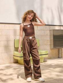 3 pièces/Set Veste style britannique décontracté pour filles, Débardeur de couleur unie et Pantalon cargo. Tenue adaptée pour les vacances ou les voyages en automne/hiver