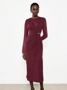Lumivelle Women's Modern Round Neck Ruched Button Decor Waist Fitted Bodycon Side Slit Long Sleeve Dress - Burgundy - View 8