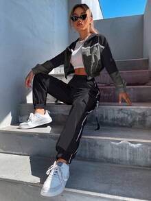 SHEIN Unity 双色落肩字母带拉链夹克和工装裤工装裤套装慢跑女童卡其色少女套装卡其色少女套装两件套裤装 - 黑色 - 查看 5