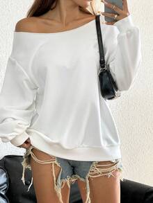 SHEIN EZwear Casual Minimalist Plus Size White Off Shoulder Loose Long Sleeve Hoodie Sweatshirt For Women, Autumn/Winter