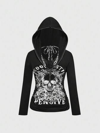 Grunge Punk Vintage Cross Pendant Punk Skull Print 2 In 1 Leopard Patchwork Hooded Women T-Shirt