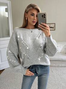 Elenzga Sequin Decor Drop Shoulder Sweater - Grey - View 1