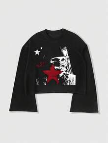 ROMWE MEN Street Life 男士休闲图案印花喇叭袖T恤，秋季 - 黑色 - 查看 1