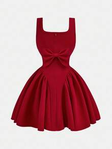 Firerie Kids Firerie Kids Tween Girl Red Mini A-Line Square Neck Elegant Waist Flare Ruffle Hem Christmas Party Dress, Suitable For Autumn/Winter, Spring/Summer, Valentine's Day - Red - View 2