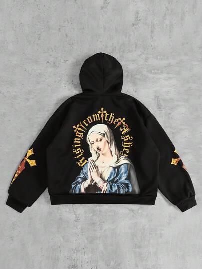 Street Life Sudadera con capucha con estampado gráfico de cruz y figura para hombre, estilo callejero vintage