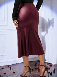 SHEIN Lady 美人鱼裙优雅通勤裙女士金色裙子秋季裙子冬季裙子棕色裙子 - 酒紅色 - 查看 2