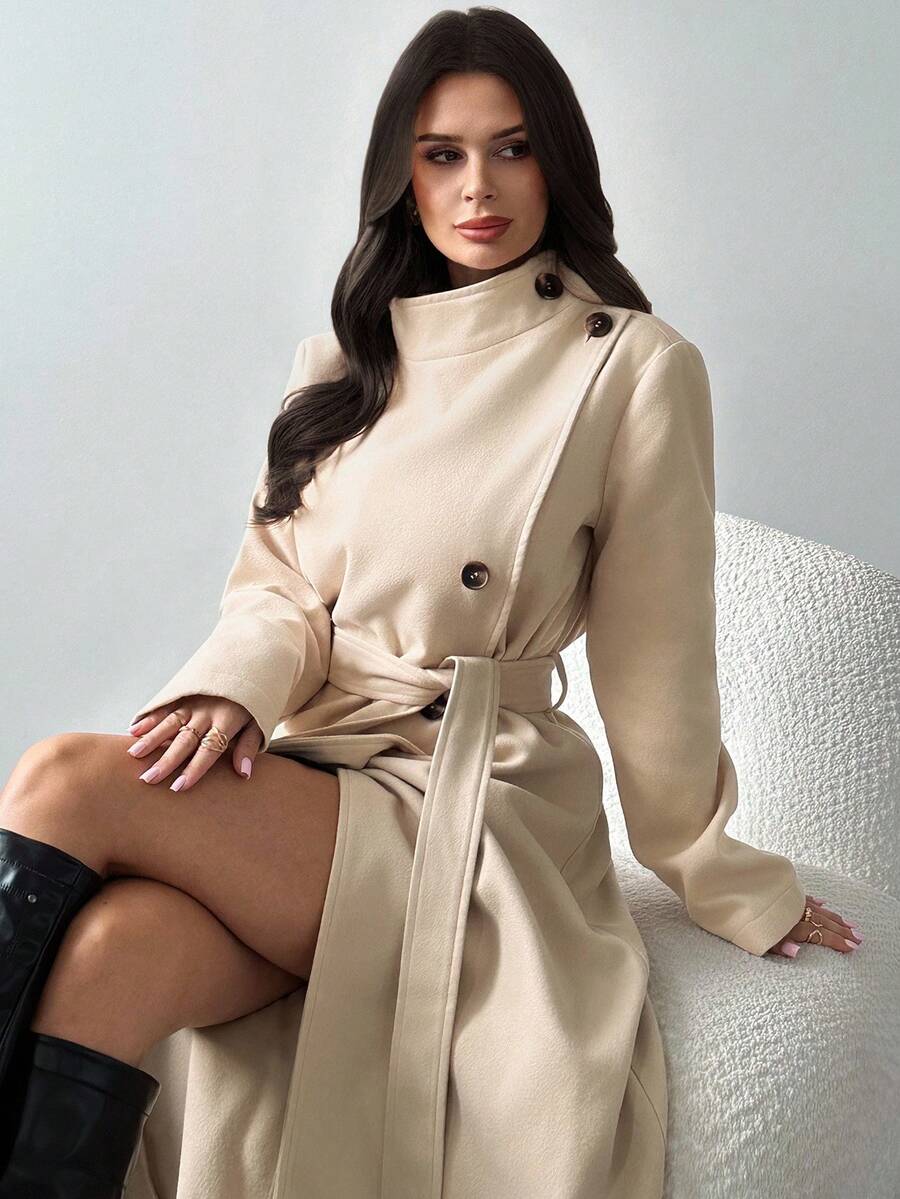 Firerie 女装优雅简约通勤休闲日常百搭立领纽扣系带中长款驼色双面呢羊毛大衣秋冬女装 - 駝色 - 查看 1