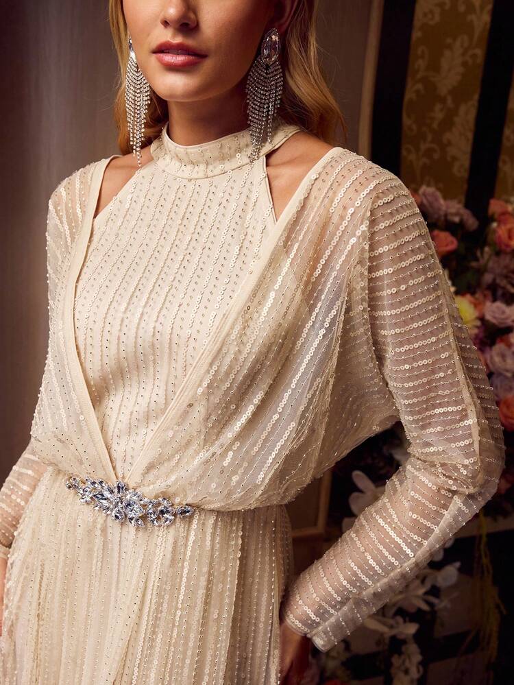 MOTF Soiréza WOMEN'S SEQUIN MESH RHINESTONE WAIST COCKTAIL DRESS, LONG SLEEVE