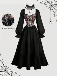 SHEIN MOD Women's Vintage Floral Lantern Sleeve Dress, Corset Midi Dress, Peasant Dress,  Vintage Dress, Elegant Dress,Fall Dress,Halloween,New Year Dress,Graduation Dress,Party Outfit,WesternFor Women,Country Concert Outfit,Vampire Costume, Black Corset Dress, Witchy Dress, Vampire Dress, Gothic Dress - Black - View 7