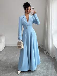 Selianne Robe longue élégante bleu avec ceinture à la taille pour femmes, convient pour les rendez-vous, les événements sociaux et les sorties en automne - Bleu azur - Voir 3