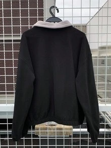Livesso Áo nỉ chui đầu dáng rộng thoải mái cho nữ có màu tương phản, lót giữ nhiệt, thêu chữ và họa tiết hoạt hình, cổ đứng, khóa kéo nửa phía trước, thích hợp mặc vào mùa thu đông, lót giữ nhiệt - màu đen - Xem 10