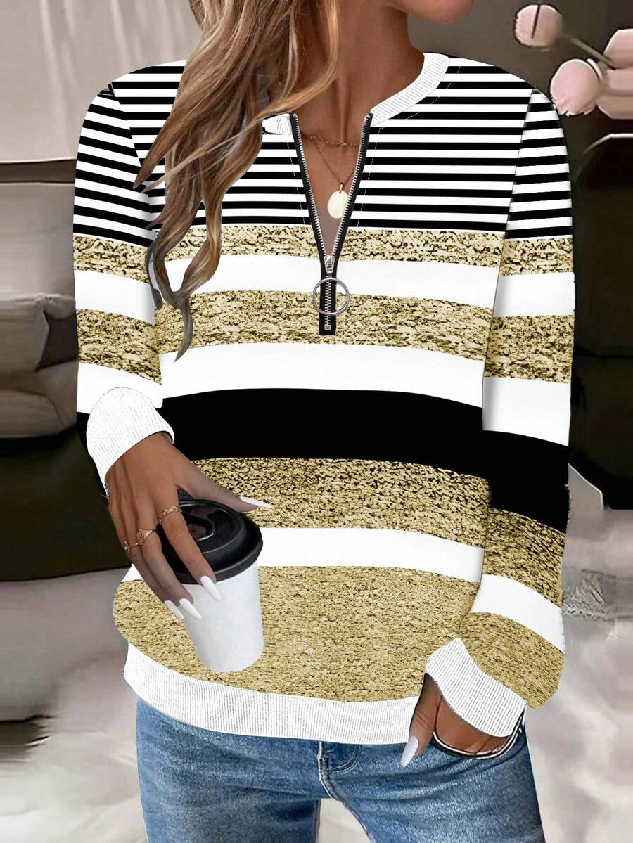SHEIN LUNE Sweatshirt Fashion Wanita, Kerah Bulat, Lengan Panjang, Resleting Setengah, Kerah, Manset, dan Bagian Bawah Bergaris Kontras, Motif Garis Asimetris, Abu-abu - MultiWarna - View 1