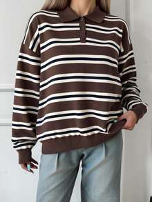 Livesso Women's Autumn Retro Striped Turtleneck Sweater - Coffee Brown - View 4