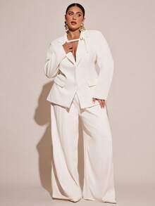 SHEIN BAE Plus Size Curve Autumn And Winter Elegant Commuter Business Party Big Woman Black Formal Waist Suit Jacket And Wide-Leg Pants Ladies Two Pieces Suit Business Casual Woman Suits For Woman Blazer Set Pants Suits For Woman Women Pants Suit Set Corporate Set Women Work Suits Woman Suit - White - View 5