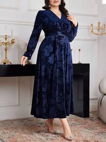Modelyn Plus Size Women Floral Jacquard V-Neck Puff Sleeve Elegant Dress Long Evening Dresses - Navy Blue - View 5