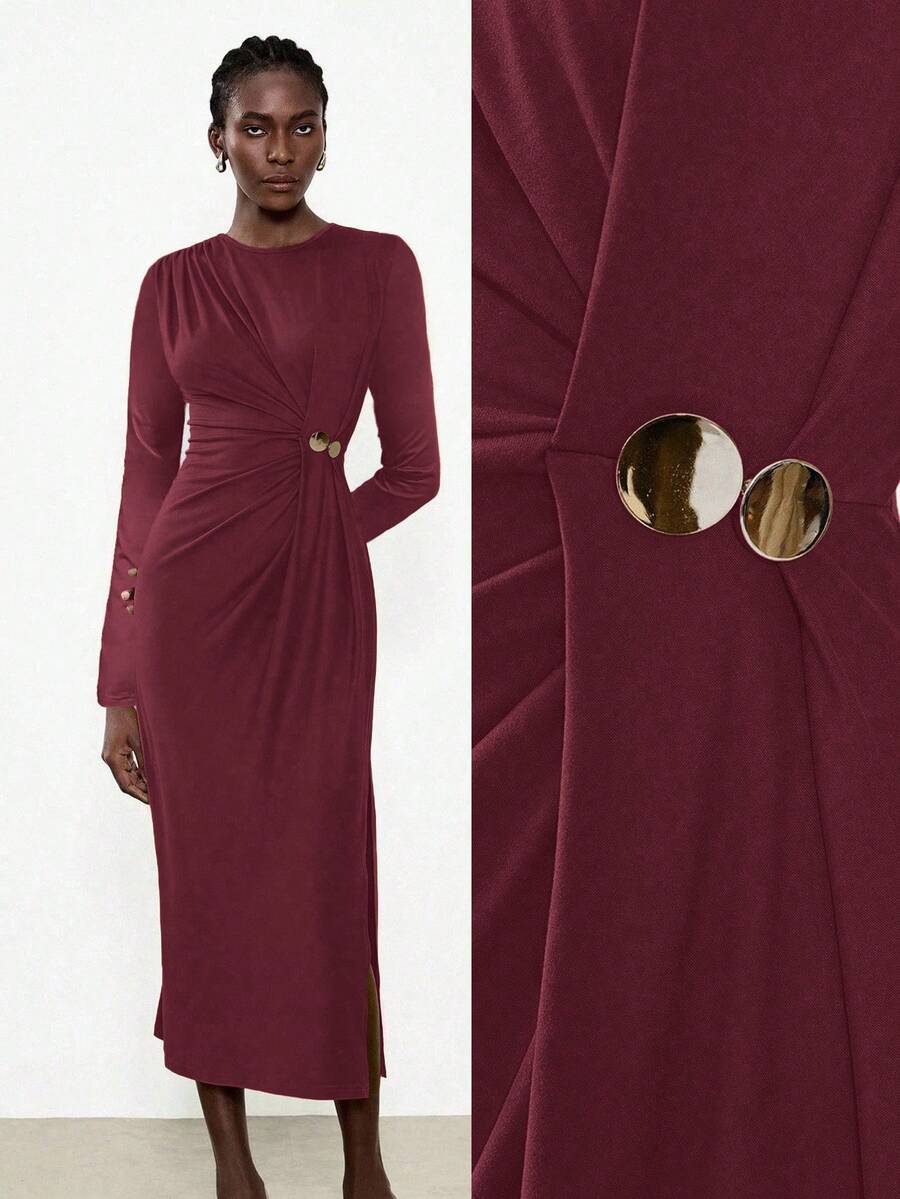 Lumivelle Women's Modern Round Neck Ruched Button Decor Waist Fitted Bodycon Side Slit Long Sleeve Dress - Burgundy - View 1
