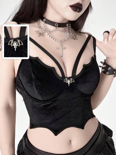 Gothic Flocked Lace Bat Pendant Underwire Bra