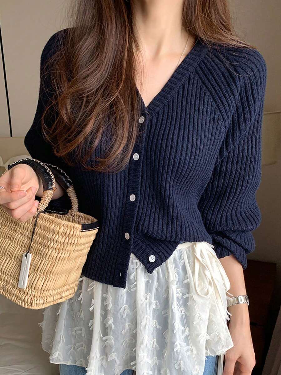 DAZY V领长袖女式宽松开衫，修身时尚，适合秋冬季 - 藏蓝色 - 查看 1