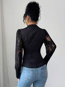SHEIN LUNE Women's Vintage Elegant Woven Patchwork Lace V-Neck Ruched Waist Long Sleeve Blouse, Ladies Outerwear Suitable For Business Commute, Work Attire - Black - View 2