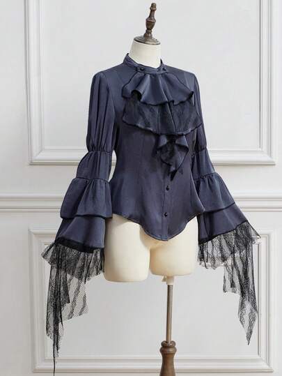 EDITION Plus Size Medieval Vintage Dark Gothic Lace Patchwork Long Sleeve Shirt