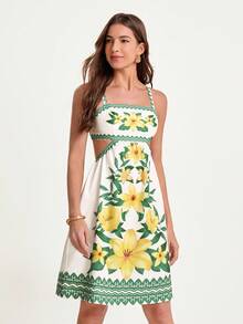 CAJUNI Women's Floral Print Backless Sexy Spaghetti Strap Vacation Dress