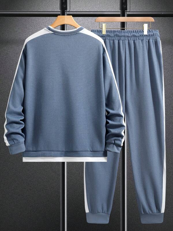 Manfinity Homme Men's Autumn Letter Print Long Sleeve T-Shirt And Drawstring Waist Pants Casual Suit, Cozy Outfits