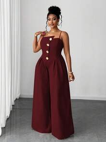 Maweii Plus Size Solid Color Casual Jumpsuit - Burgundy - View 6