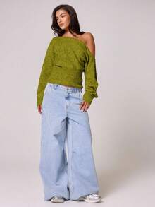 MUSERA 蓬松针织不对称领口收腰马海毛上衣，复古、可爱、乡村、田园风、休闲家居服，适合女士穿着，焦糖色晚宴派对优雅春季毛衣 - 軍綠色 - 查看 5