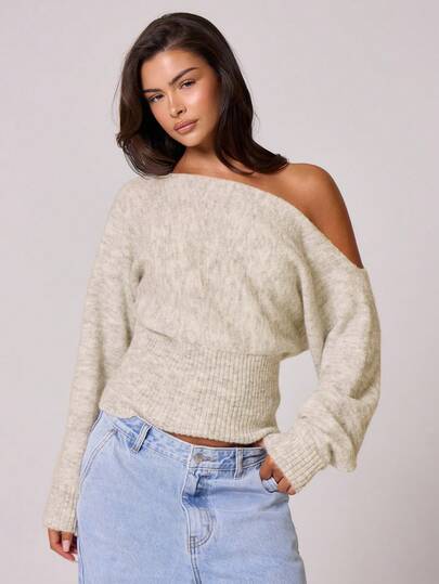 MUSERA Fluffy Knit One Shoulder Cinched Waist Mohair Top , , Old Money, Cute, Country, Cottage Core,  Butterscotch Evening Party Elegant  Winter   Spring Sweater Valentines Day