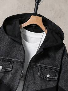 Vacaura Casual Fashion Minimalist Denim Pocket V-Shaped Patchwork Long Sleeve Hooded Jacket For Teenage Boys, Loose Fit, Comfortable, Versatile, Suitable For Autumn, Spring, Summer, Daily Wear, Commuting, Outdoor, Sports, School, Streetwear, Party, Photography