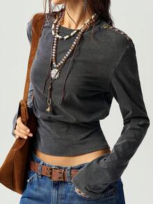 Bohemela Casual Solid Color Knit Crew Neck Long Sleeve Cropped Women Top - Black - View 6