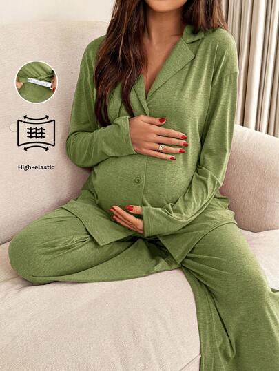 SHEIN 2件套孕妇纯色长袖上衣和裤子睡衣套装