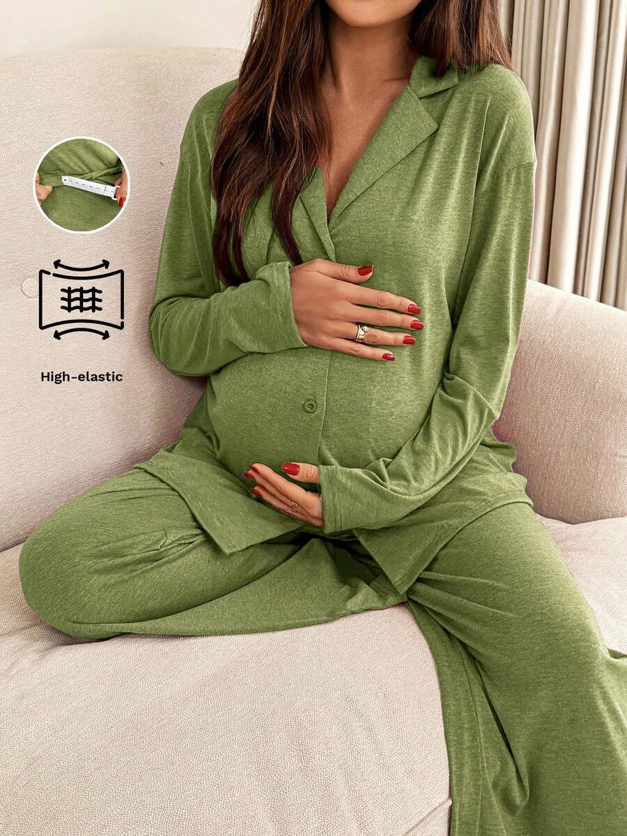 Slowluna 2pcs Maternity Solid Color Long Sleeve Top And Pants Pajama Set Pajamas Sleep Wear Women Sets 2 Pieces Lounge Woman Clothes Two Suits Fall - Green - View 1