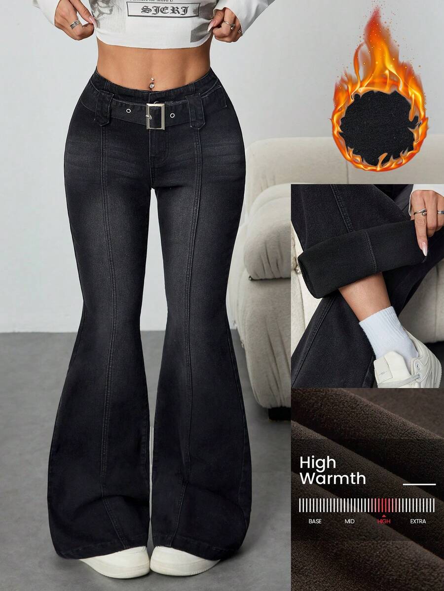 SHEIN Tall 休闲百搭腰带复古修身喇叭腿女式牛仔裤 - 黑色 - 查看 1