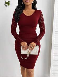 SHEIN Lady Four Seasons Elegant New Year Women's Wear Valentine's Day Ball Dress Women's Party Dress Women's Wine Red Solid Color Lace Splicing V-Neck Long Sleeve Slim Short Skirt Women's Short Skirt Long Sleeve Bodycon Dress Women Bodycon Dress Long Sleeve Elegant Dress Elegant Midi Dress,Wedding Guest Dress Women - Burgundy - View 4