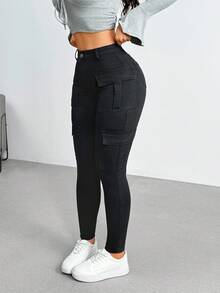 Jeanoix Quần jeans ống rộng cạp cao màu trơn dáng ôm dáng thường ngày cho nữ cỡ lớn - màu đen - Xem 3