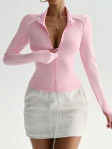 Dewbera Áo khoác thể thao nữ mùa thu/đông, chất liệu lụa sữa, có lỗ xỏ ngón tay cái, thích hợp cho các hoạt động thể thao ngoài trời, tập gym, tennis, yoga. Áo tập thể dục tay dài ôm sát dành cho nữ, khóa kéo phía trước, áo tập kín đáo dành cho nữ. - Nhiều màu - Xem 4