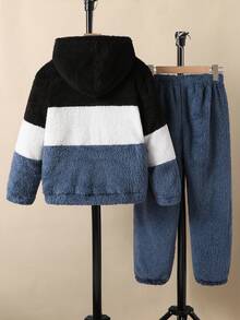 2pcs/Set Boys' Casual Reversible Fleece Patchwork Color Block Hooded Outfit - Blue - View 2