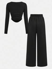 SHEIN Tween Girl Casual Street Style Ruched U-Neck Long Sleeve Ribbed Knit Fitted T-Shirt And Pleated Wide Leg Sweatpants Set, Suitable For Home, Outdoor, School, Black Pants And Top Set Young Girls Casual Versatile A Effect Jumpsuit Pant 15 Years Old Girls Pants Suit - Black - View 2