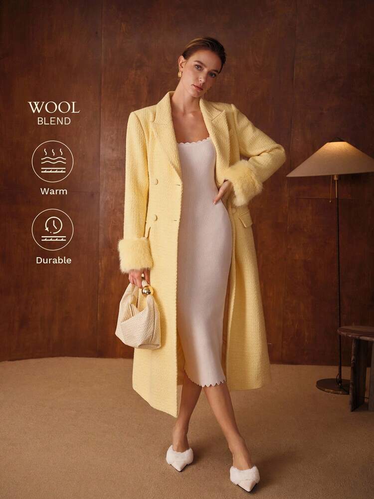 PLUSH SLEEVE PATCHWORK LONG WOOL BLEND OVERCOAT, AUTUMN/WINTER
