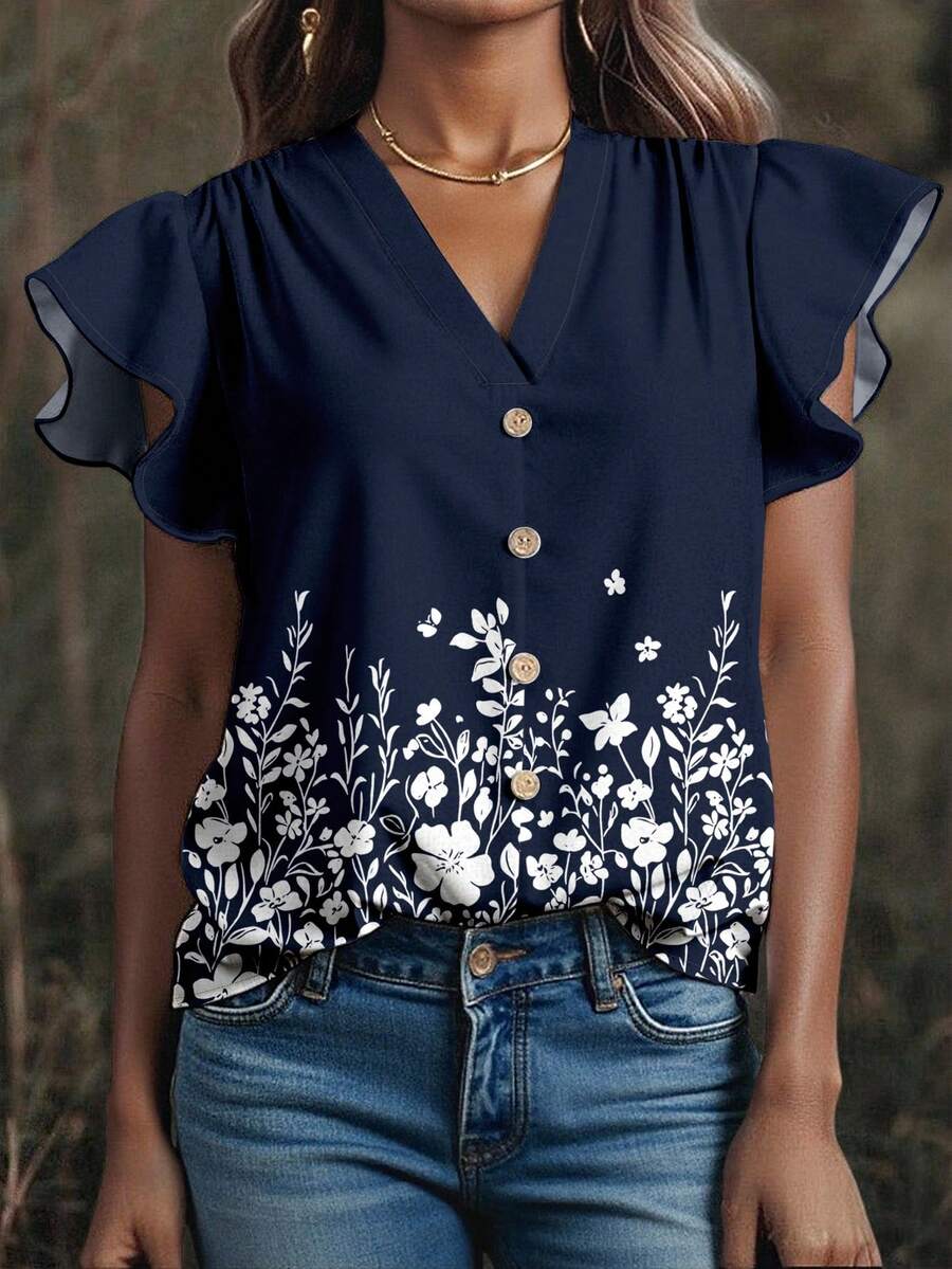 SHEIN LUNE Áo cánh rộng tay bồng cổ chữ V thanh lịch, giản dị, cài nút giả phía trước, họa tiết hoa nhỏ, màu xanh navy, thích hợp cho mùa hè, áo cánh sang trọng dành cho nữ - Nhiều màu - Xem 1