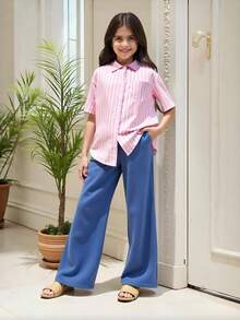 Girls Stripe Shirt + Heart Graffiti Versatile Design + Cool Sweet Street Style Outerwear Shirt, Summer - Pink - View 4