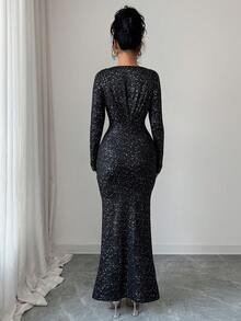 Rafferiza Women Elegant Black Shiny Party Dress For Autumn Dining, Round Neck Shoulder Ruffles Front Center Pleats Hem Slit Long Hot Silver Fabric Gown - Black - View 2