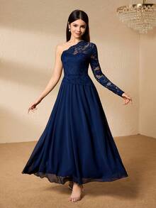 少女吊带蕾丝拼接腰身优雅圣诞派对连衣裙 - 藍色 - 查看 1