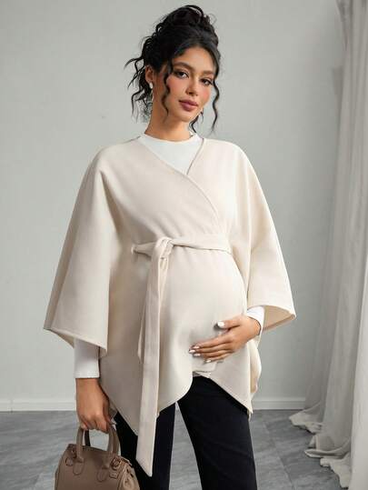 Momance Maternity Regular Cardigan With Batwing Sleeves And Belt, Wool Blend