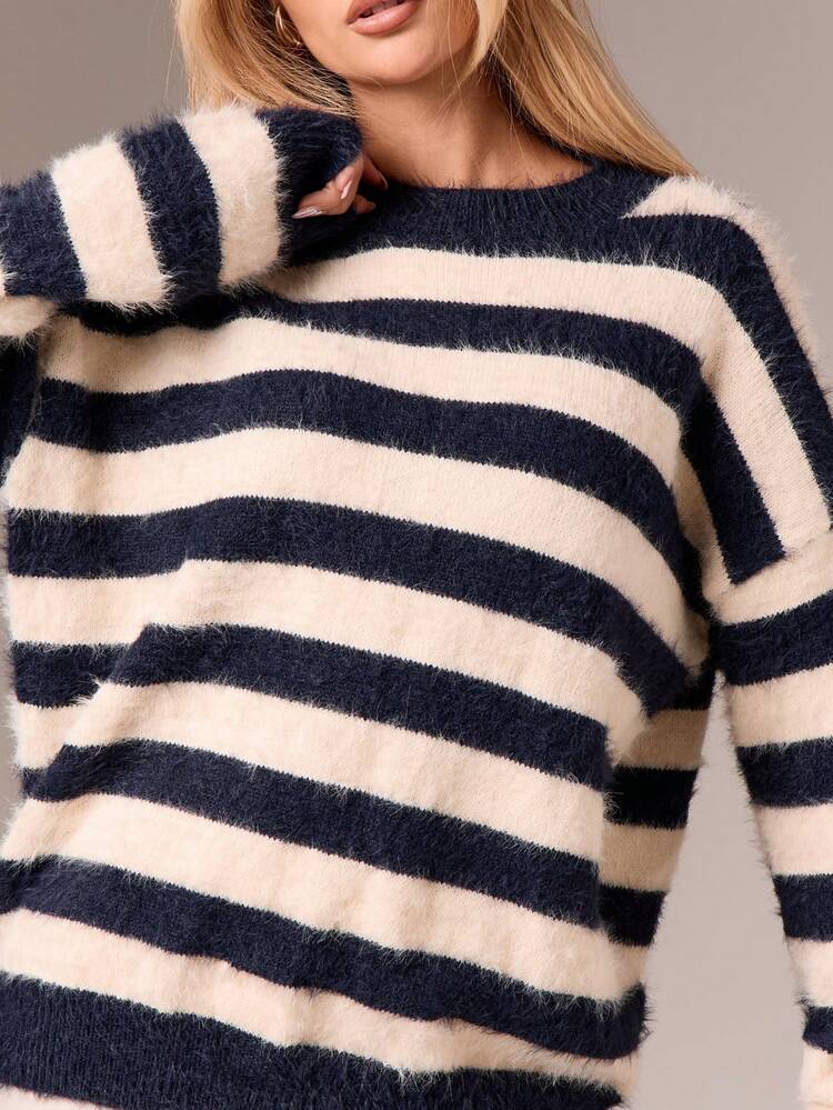 Striped Fuzzy Knit Crew Neck Sweater