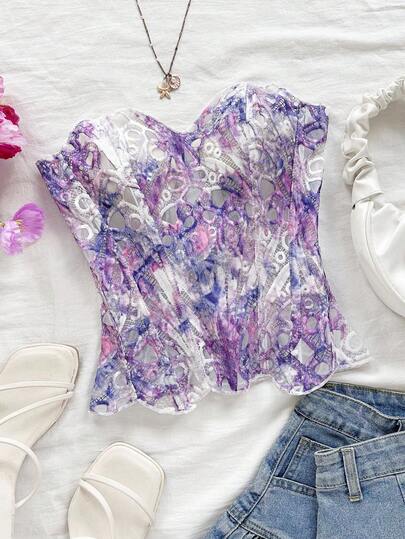 Soleia 性感露肩蕾丝双层合身束腰上衣，花卉刺绣镂空浪漫甜美粉色上衣，女士夜店装